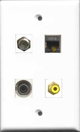 RiteAV 1 Port RCA Yellow and 1 Port Coax Cable TV- F-Type and 1 Port Shielded Cat6 Ethernet and 1 Port 3.5mm Wall Plate