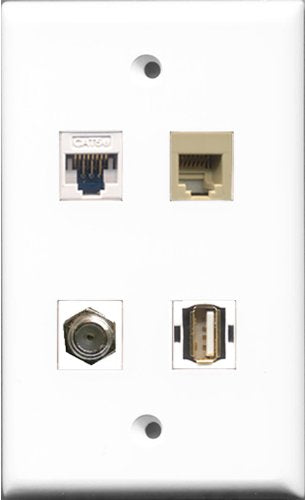 RiteAV 1 Port Coax Cable TV- F-Type and 1 Port USB A-A and 1 Port Phone RJ11 RJ12 Beige and 1 Port Cat5e Ethernet White Wall Plate