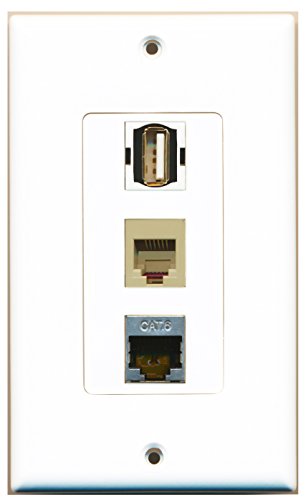 RiteAV - 1 Port USB A-A and 1 Port Phone RJ11 RJ12 Beige and 1 Port Shielded Cat6 Ethernet Decorative Wall Plate Decorative
