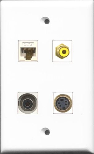 RiteAV 1 Port RCA Yellow and 1 Port S-Video and 1 Port 3.5mm and 1 Port Cat6 Ethernet White Wall Plate