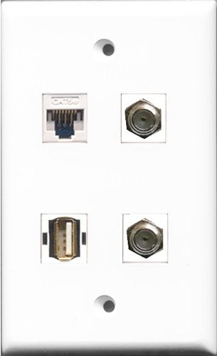 RiteAV - 2 Port Coax Cable TV- F-Type and 1 Port USB A-A and 1 Port Cat5e Ethernet White Wall Plate