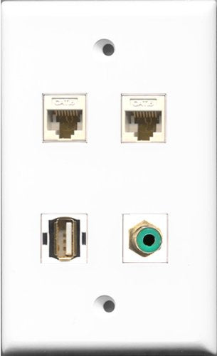 RiteAV 1 Port RCA Green and 1 Port USB A-A 2 Port Cat6 Ethernet White Wall Plate