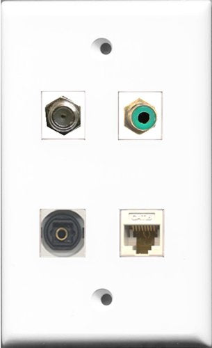 RiteAV 1 Port RCA Green and 1 Port Coax Cable TV- F-Type and 1 Port Toslink and 1 Port Cat6 Ethernet White Wall Plate