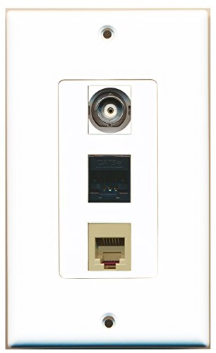 RiteAV - 1 Port Phone RJ11 RJ12 Beige and 1 Port BNC and 1 Port Cat5e Ethernet Black Wall Plate Decorative