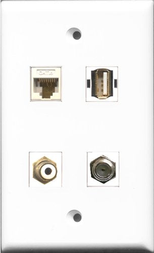 RiteAV 1 Port RCA White and 1 Port Coax Cable TV- F-Type and 1 Port USB A-A and 1 Port Cat6 Ethernet White Wall Plate