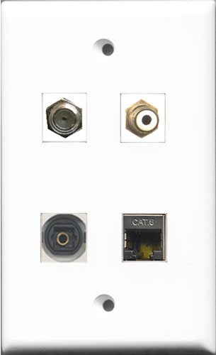 RiteAV 1 Port RCA White and 1 Port Coax Cable TV- F-Type and 1 Port Shielded Cat6 Ethernet and 1 Port Toslink Wall Plate