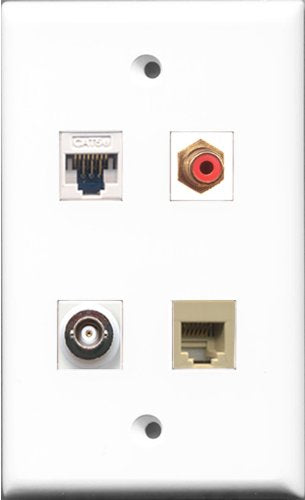 RiteAV 1 Port RCA Red and 1 Port Phone RJ11 RJ12 Beige and 1 Port BNC and 1 Port Cat5e Ethernet White Wall Plate
