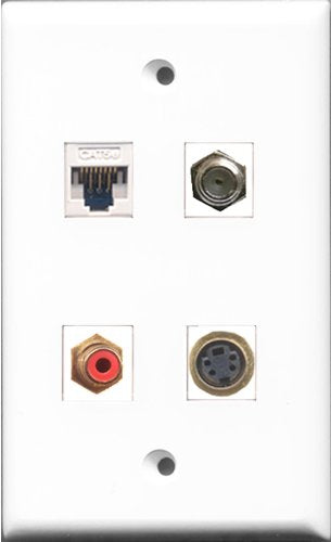 RiteAV - 1 Port RCA Red and 1 Port Coax Cable TV- F-Type and 1 Port S-Video and 1 Port Cat5e Ethernet White Wall Plate