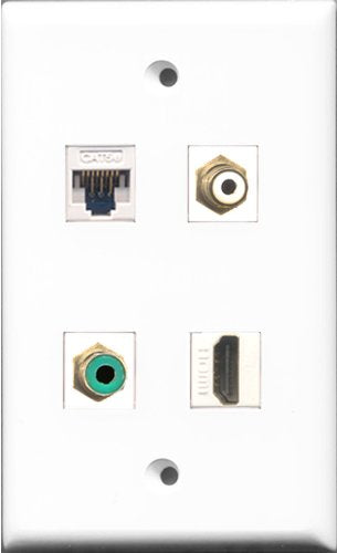 RiteAV 1 Port HDMI and 1 Port RCA White and 1 Port RCA Green and 1 Port Cat5e Ethernet White Wall Plate