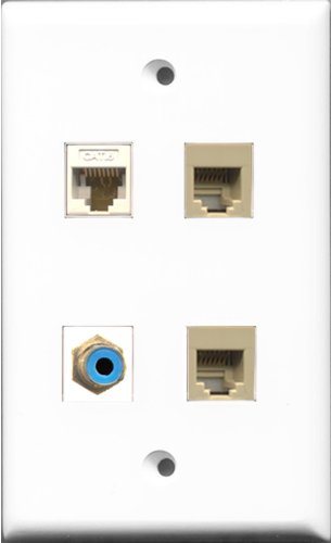 RiteAV 1 Port RCA Blue 2 Port Phone RJ11 RJ12 Beige and 1 Port Cat6 Ethernet White Wall Plate