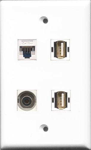 RiteAV - 2 Port USB A-A and 1 Port 3.5mm and 1 Port Cat5e Ethernet White Wall Plate