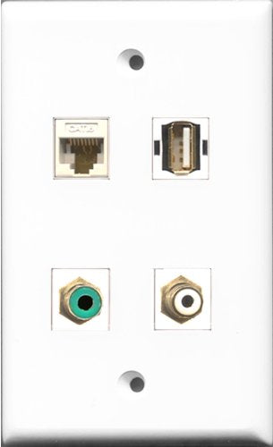 RiteAV 1 Port RCA White and 1 Port RCA Green and 1 Port USB A-A and 1 Port Cat6 Ethernet White Wall Plate