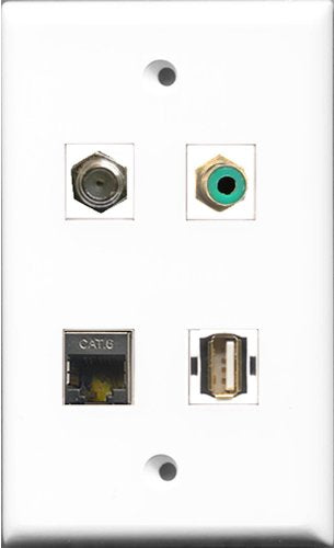 RiteAV 1 Port RCA Green and 1 Port Coax Cable TV- F-Type and 1 Port USB A-A and 1 Port Shielded Cat6 Ethernet Wall Plate