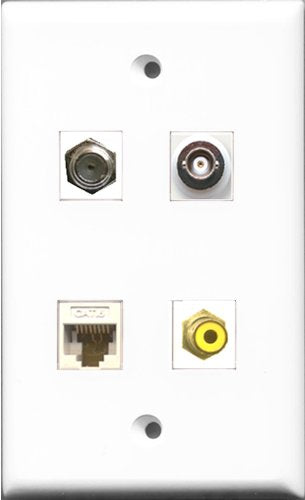 RiteAV 1 Port RCA Yellow and 1 Port Coax Cable TV- F-Type and 1 Port BNC and 1 Port Cat6 Ethernet White Wall Plate
