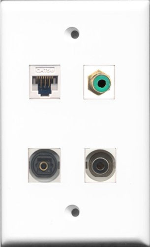 RiteAV 1 Port RCA Green and 1 Port Toslink and 1 Port 3.5mm and 1 Port Cat5e Ethernet White Wall Plate