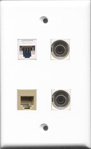 RiteAV - 1 Port Phone RJ11 RJ12 Beige 2 Port 3.5mm and 1 Port Cat5e Ethernet White Wall Plate