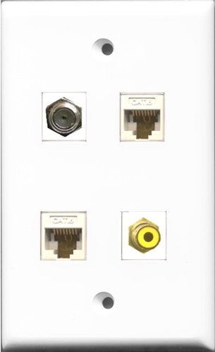 RiteAV 1 Port RCA Yellow and 1 Port Coax Cable TV- F-Type 2 Port Cat6 Ethernet White Wall Plate