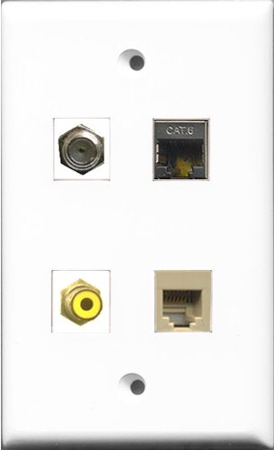 RiteAV 1 Port RCA Yellow and 1 Port Coax Cable TV- F-Type and 1 Port Phone RJ11 RJ12 Beige and 1 Port Shielded Cat6 Ethernet Wall Plate