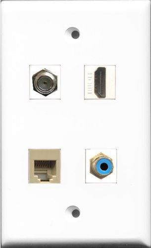 RiteAV 1 Port HDMI and 1 Port RCA Blue and 1 Port Coax Cable TV- F-Type and 1 Port Phone RJ11 RJ12 Beige Wall Plate