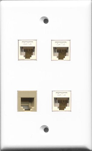 RiteAV 1 Port Phone RJ11 RJ12 Beige 3 Port Cat6 Ethernet White Wall Plate