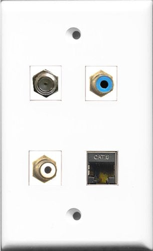 RiteAV 1 Port RCA White and 1 Port RCA Blue and 1 Port Coax Cable TV- F-Type and 1 Port Shielded Cat6 Ethernet Wall Plate
