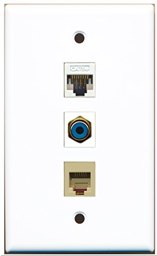 RiteAV - 1 Port RCA Blue and 1 Port Phone RJ11 RJ12 Beige and 1 Port Cat5e Ethernet White Wall Plate