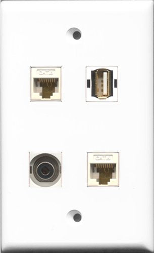 RiteAV 1 Port USB A-A and 1 Port 3.5mm 2 Port Cat6 Ethernet White Wall Plate
