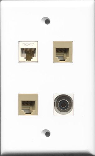 RiteAV - 2 Port Phone RJ11 RJ12 Beige and 1 Port 3.5mm and 1 Port Cat6 Ethernet White Wall Plate
