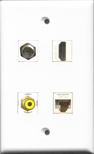RiteAV 1 Port HDMI and 1 Port RCA Yellow and 1 Port Coax Cable TV- F-Type and 1 Port Cat6 Ethernet White Wall Plate