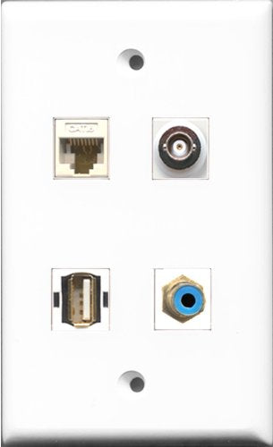RiteAV 1 Port RCA Blue and 1 Port USB A-A and 1 Port BNC and 1 Port Cat6 Ethernet White Wall Plate