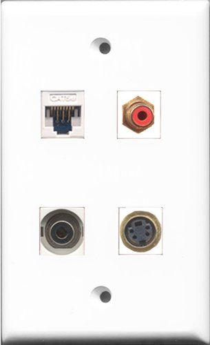 RiteAV 1 Port RCA Red and 1 Port S-Video and 1 Port 3.5mm and 1 Port Cat5e Ethernet White Wall Plate
