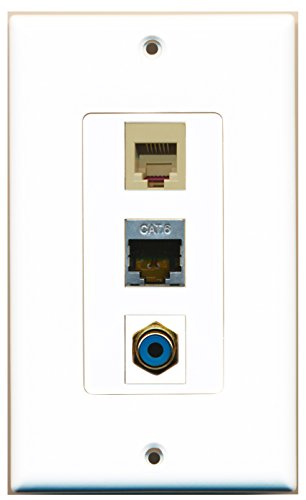 RiteAV - 1 Port RCA Blue and 1 Port Phone RJ11 RJ12 Beige and 1 Port Shielded Cat6 Ethernet Decorative Wall Plate Decorative