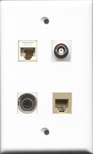 RiteAV 1 Port Phone RJ11 RJ12 Beige and 1 Port 3.5mm and 1 Port BNC and 1 Port Cat6 Ethernet White Wall Plate
