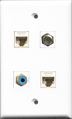 RiteAV 1 Port RCA Blue and 1 Port Coax Cable TV- F-Type 2 Port Cat6 Ethernet White Wall Plate