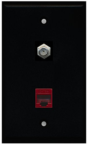 RiteAV - Black 1 Port Coax Cable TV- F-Type 1 Port Cat5e Ethernet Red Wall Plate