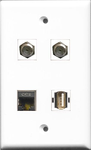 RiteAV - 2 Port Coax Cable TV- F-Type and 1 Port USB A-A and 1 Port Shielded Cat6 Ethernet Wall Plate