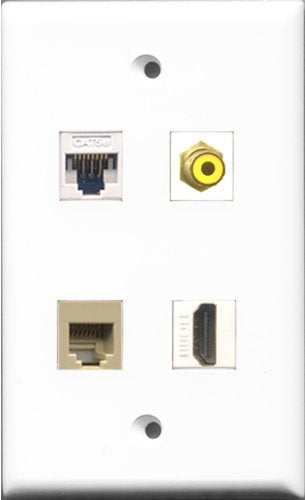 RiteAV 1 Port HDMI and 1 Port RCA Yellow and 1 Port Phone RJ11 RJ12 Beige and 1 Port Cat5e Ethernet White Wall Plate