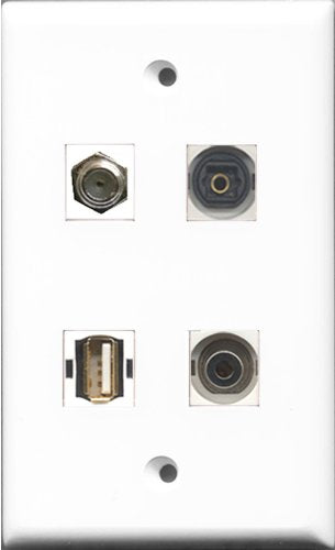 RiteAV 1 Port Coax Cable TV- F-Type and 1 Port USB A-A and 1 Port Toslink and 1 Port 3.5mm Wall Plate