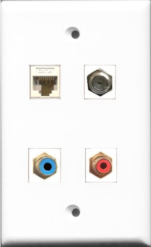 RiteAV 1 Port RCA Red and 1 Port RCA Blue and 1 Port Coax Cable TV- F-Type and 1 Port Cat6 Ethernet White Wall Plate