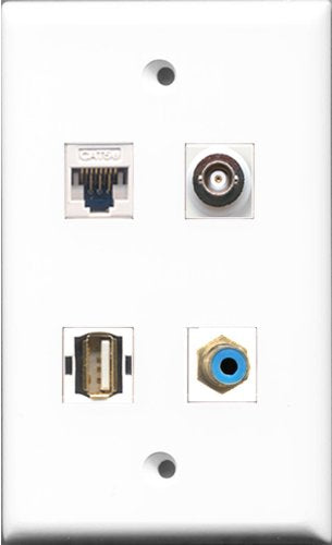 RiteAV - 1 Port RCA Blue and 1 Port USB A-A and 1 Port BNC and 1 Port Cat5e Ethernet White Wall Plate