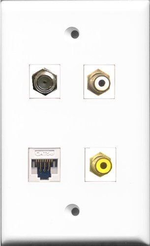 RiteAV 1 Port RCA White and 1 Port RCA Yellow and 1 Port Coax Cable TV- F-Type and 1 Port Cat5e Ethernet White Wall Plate