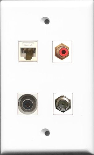 RiteAV 1 Port RCA Red and 1 Port Coax Cable TV- F-Type and 1 Port 3.5mm and 1 Port Cat6 Ethernet White Wall Plate