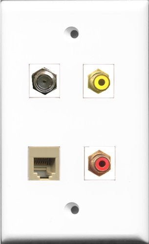 RiteAV 1 Port RCA Red and 1 Port RCA Yellow and 1 Port Coax Cable TV- F-Type and 1 Port Phone RJ11 RJ12 Beige Wall Plate