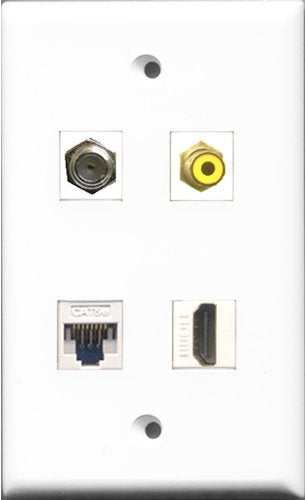 RiteAV 1 Port HDMI and 1 Port RCA Yellow and 1 Port Coax Cable TV- F-Type and 1 Port Cat5e Ethernet White Wall Plate