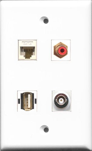 RiteAV 1 Port RCA Red and 1 Port USB A-A and 1 Port BNC and 1 Port Cat6 Ethernet White Wall Plate