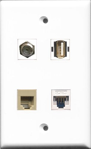RiteAV 1 Port Coax Cable TV- F-Type and 1 Port USB A-A and 1 Port Phone RJ11 RJ12 Beige and 1 Port Cat5e Ethernet White Wall Plate