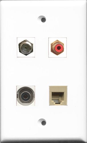 RiteAV 1 Port RCA Red and 1 Port Coax Cable TV- F-Type and 1 Port Phone RJ11 RJ12 Beige and 1 Port 3.5mm Wall Plate