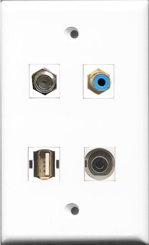 RiteAV 1 Port RCA Blue and 1 Port Coax Cable TV- F-Type and 1 Port USB A-A and 1 Port 3.5mm Wall Plate