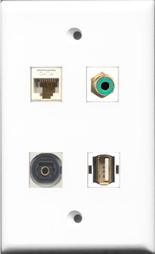 RiteAV 1 Port RCA Green and 1 Port USB A-A and 1 Port Toslink and 1 Port Cat6 Ethernet White Wall Plate