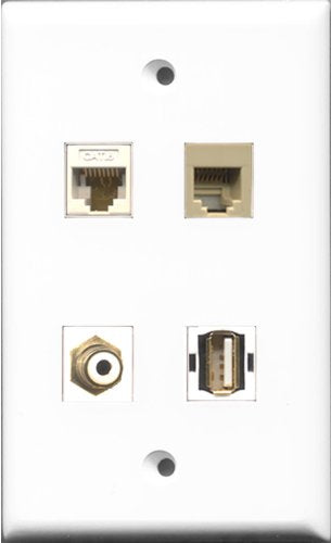 RiteAV 1 Port RCA White and 1 Port USB A-A and 1 Port Phone RJ11 RJ12 Beige and 1 Port Cat6 Ethernet White Wall Plate